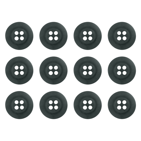 Twelve Khakis, Chinos and Casual Cotton Pant Buttons, black with four holes each, arranged in a 3x4 grid on a white background.