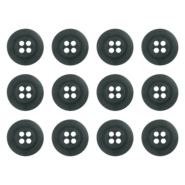 Twelve Khakis, Chinos and Casual Cotton Pant Buttons, black with four holes each, arranged in a 3x4 grid on a white background.