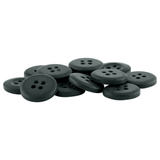A pile of round, black, four-hole Khakis, Chinos and Casual Cotton Pant Buttons on a white background—ideal as replacement buttons for your wardrobe needs.
