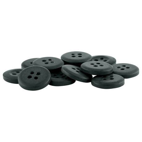A pile of round, black, four-hole Khakis, Chinos and Casual Cotton Pant Buttons on a white background—ideal as replacement buttons for your wardrobe needs.