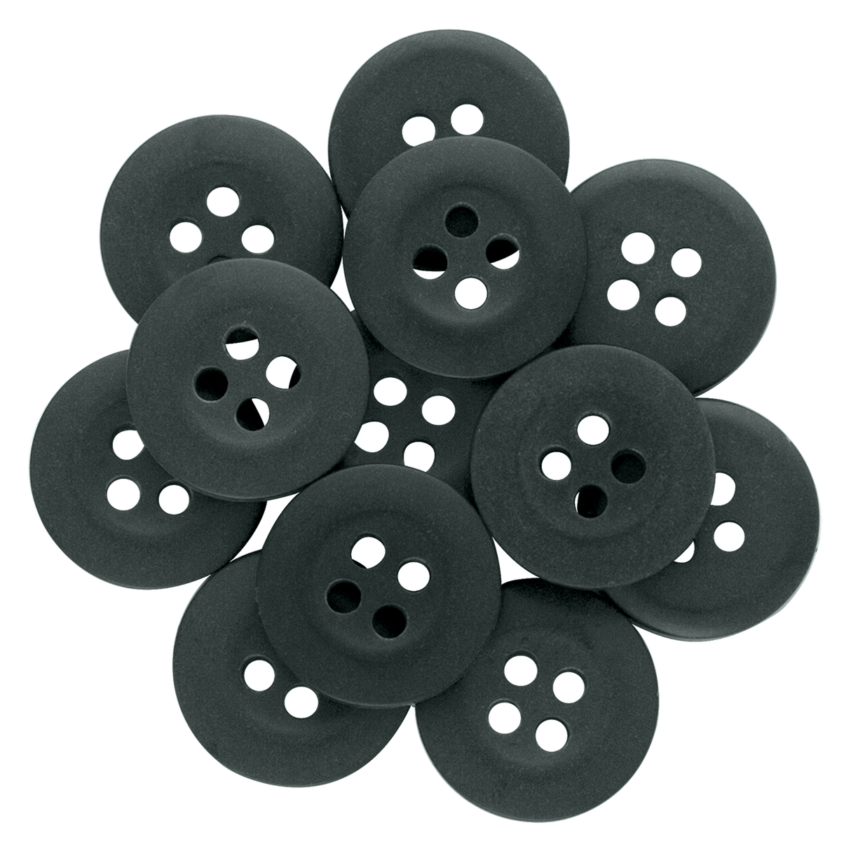 A cluster of black Khakis, Chinos and Casual Cotton Pant Buttons—round with four holes each—on a white background, perfect as replacement buttons.