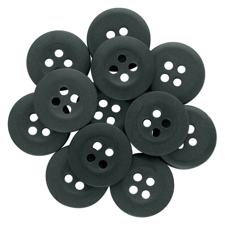 A cluster of black Khakis, Chinos and Casual Cotton Pant Buttons—round with four holes each—on a white background, perfect as replacement buttons.