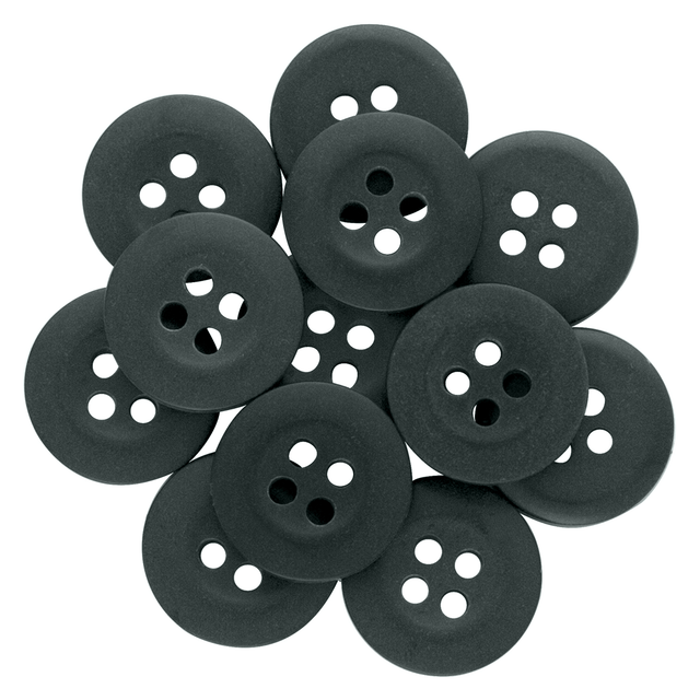 A cluster of black Khakis, Chinos and Casual Cotton Pant Buttons—round with four holes each—on a white background, perfect as replacement buttons.