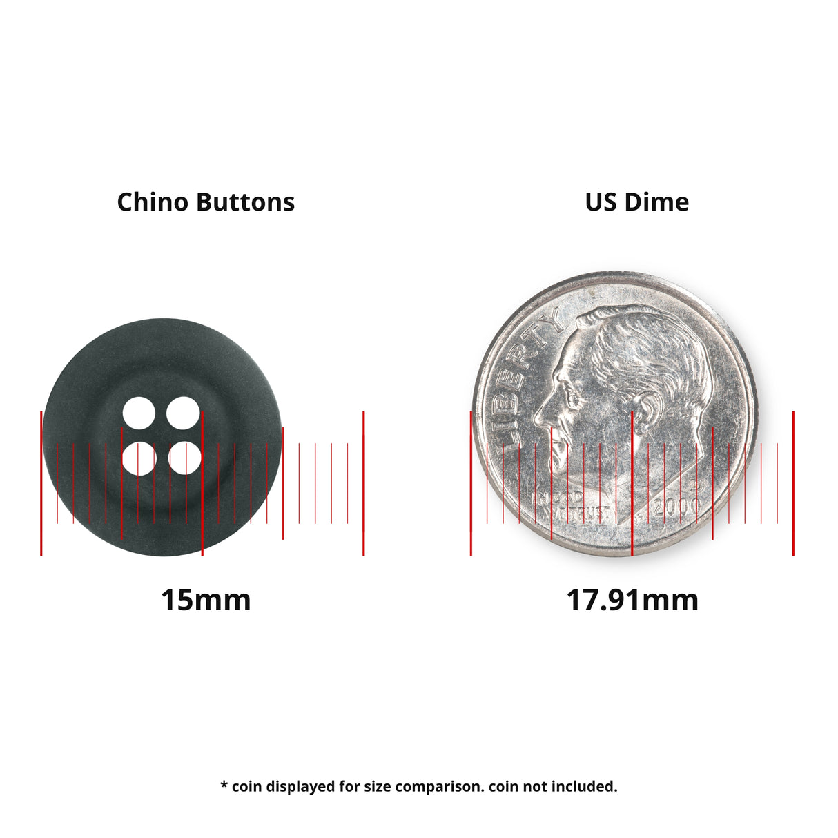 A black 15mm Khakis, Chinos and Casual Cotton Pant Button shown next to a US dime (17.91mm) for size comparison.