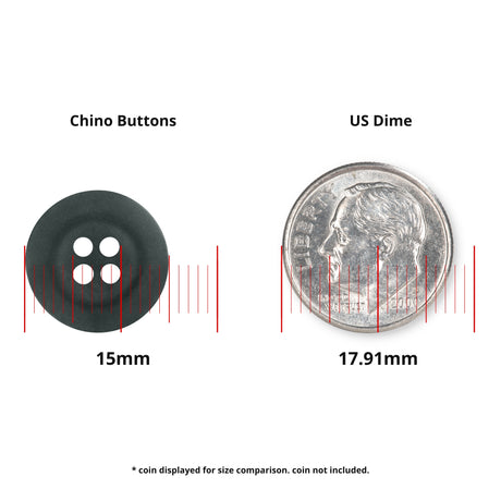 A black 15mm Khakis, Chinos and Casual Cotton Pant Button shown next to a US dime (17.91mm) for size comparison.