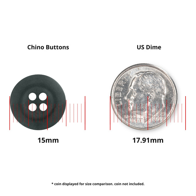 A black 15mm Khakis, Chinos and Casual Cotton Pant Button shown next to a US dime (17.91mm) for size comparison.