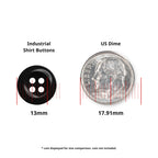 A 13mm black Work Shirt Buttons 22 Pack button shown next to a 17.91mm US dime for size comparison, with red measurement lines.
