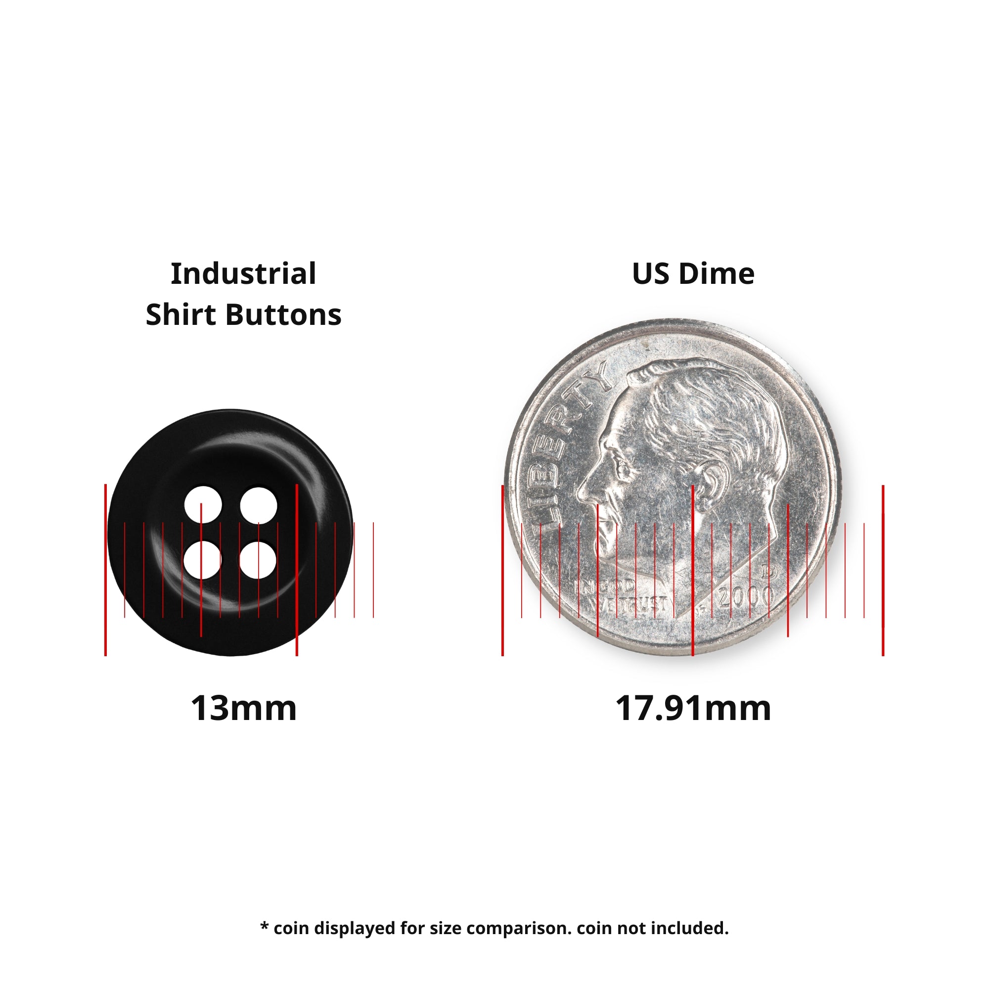 A 13mm black Work Shirt Buttons 22 Pack button shown next to a 17.91mm US dime for size comparison, with red measurement lines.