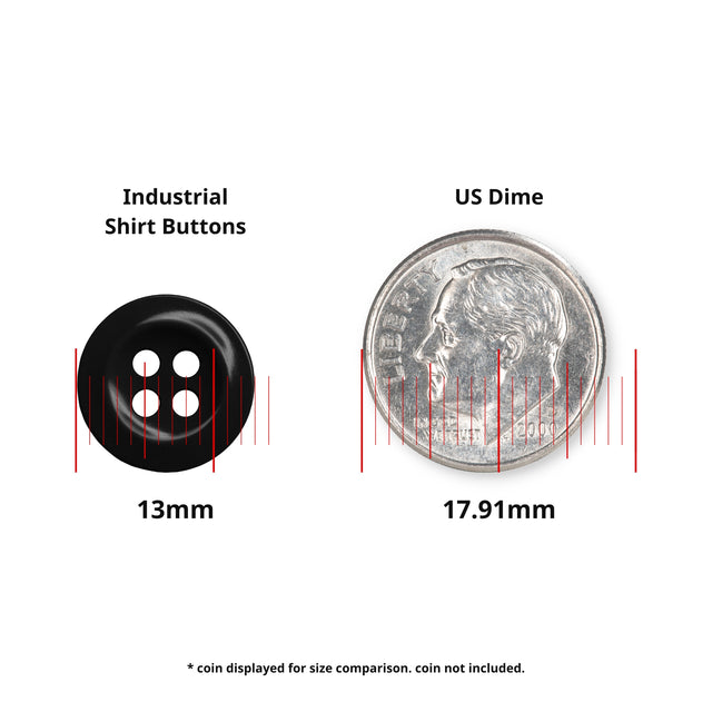 A 13mm black Work Shirt Button is placed next to a 17.91mm US dime for size comparison.