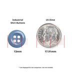 A blue 13mm button from the Work Shirt Buttons 22 Pack is shown next to a 17.91mm US dime for size comparison, with red measurement lines.