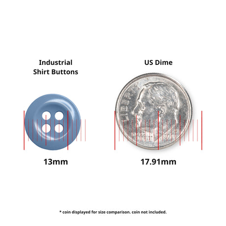 A blue 13mm Work Shirt Button is shown beside a 17.91mm US dime for size comparison.