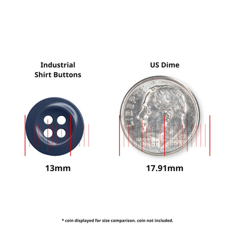 A Work Shirt Button (13mm) shown beside a 17.91mm US dime for size comparison.