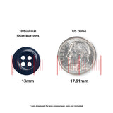 A black 13mm Work Shirt Button is shown beside a 17.91mm US dime for size comparison.