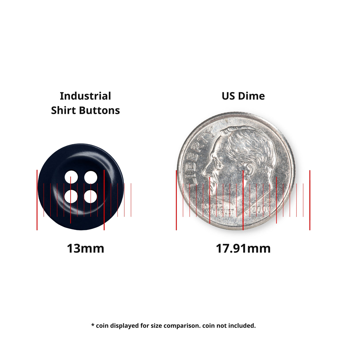 A 13mm black Work Shirt Button shown next to a 17.91mm US dime for size comparison.