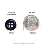 A 13mm black Work Shirt Button shown next to a 17.91mm US dime for size comparison.