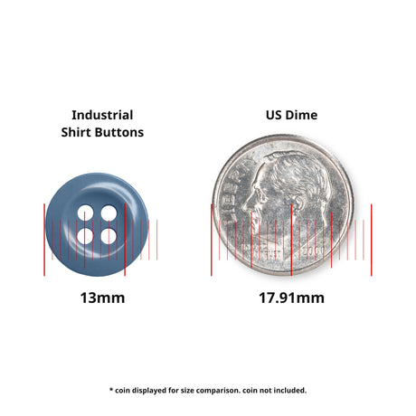 A blue 13mm Work Shirt Button shown beside a 17.91mm US dime for size comparison.