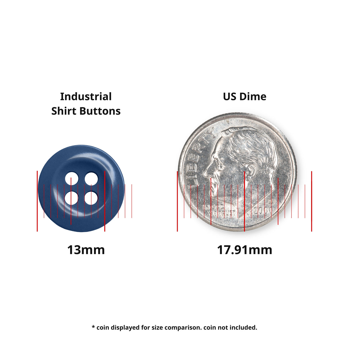 Work Shirt Buttons (13mm, blue) are perfect replacements for work shirts; shown next to a US dime (17.91mm) for size reference.