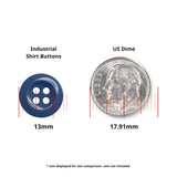Work Shirt Buttons (13mm, blue) are perfect replacements for work shirts; shown next to a US dime (17.91mm) for size reference.