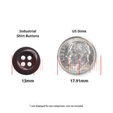 A 13mm black Work Shirt Button shown next to a 17.91mm US dime for size comparison.