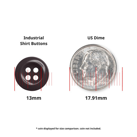 A 13mm black Work Shirt Button shown next to a 17.91mm US dime for size comparison.