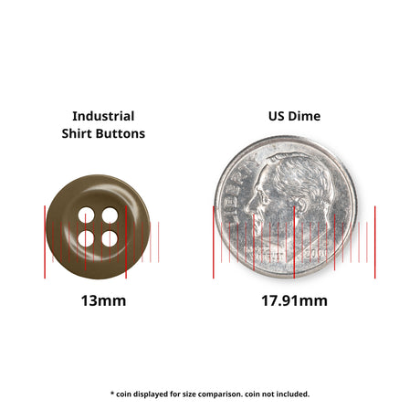 Work Shirt Buttons: Brown, 13mm, perfect as replacement buttons for work shirts. Size shown next to a US dime (17.91mm) with red measurement lines for comparison.