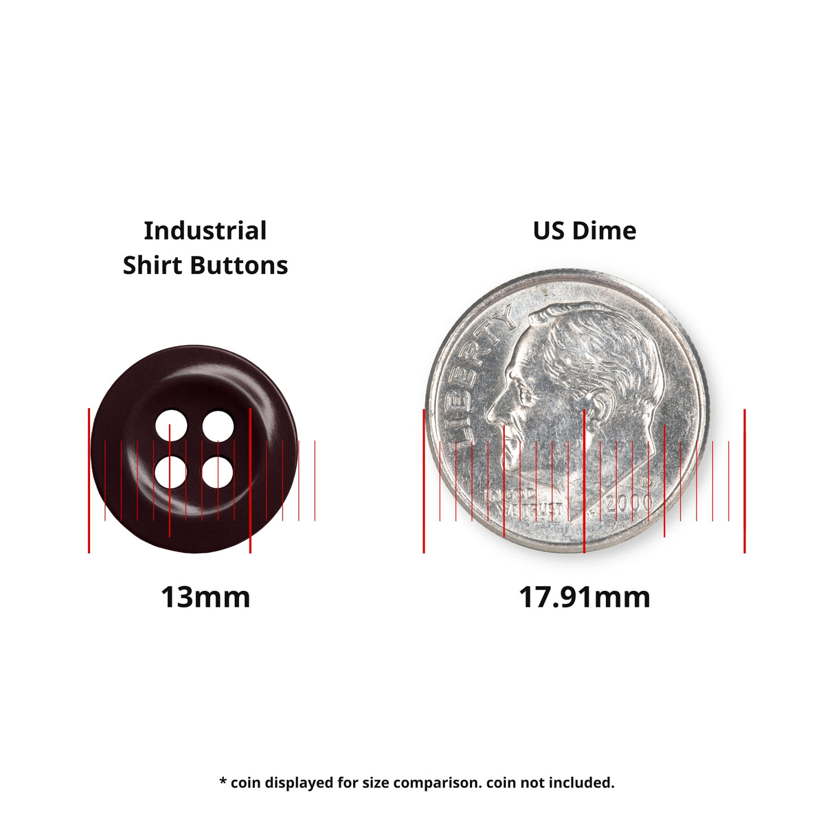 A 13mm black Work Shirt Button sits next to a 17.91mm US dime for size comparison.