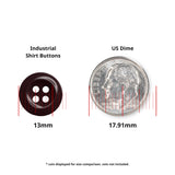 A 13mm black Work Shirt Button sits next to a 17.91mm US dime for size comparison.