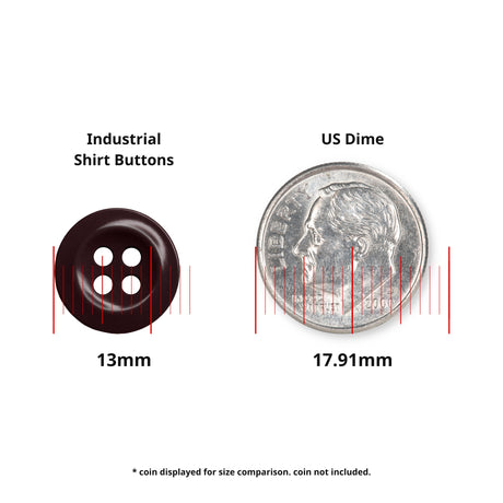 A 13mm black Work Shirt Button sits next to a 17.91mm US dime for size comparison.