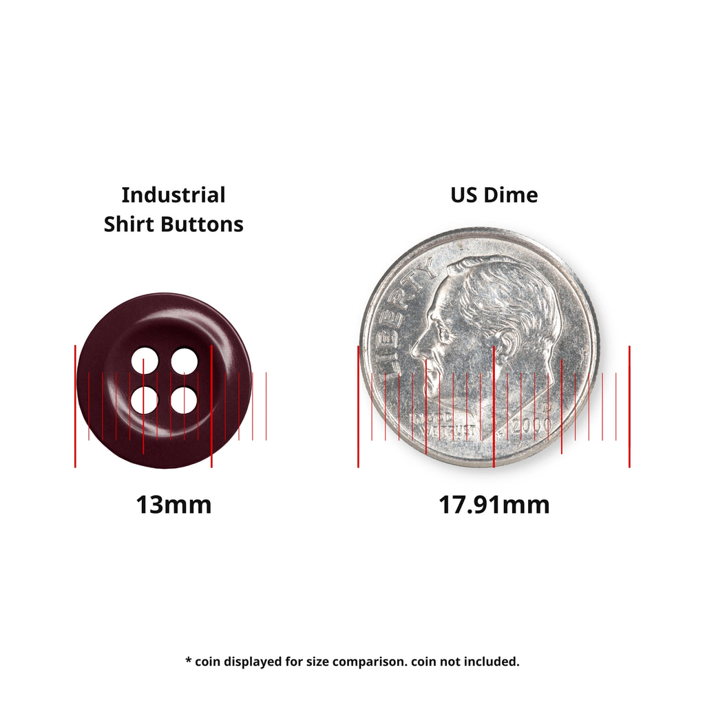 A 13mm replacement button from the Work Shirt Buttons 22 Pack is shown next to a 17.91mm US dime for size comparison (coin not included). Ideal for industrial work shirts and made for durability.