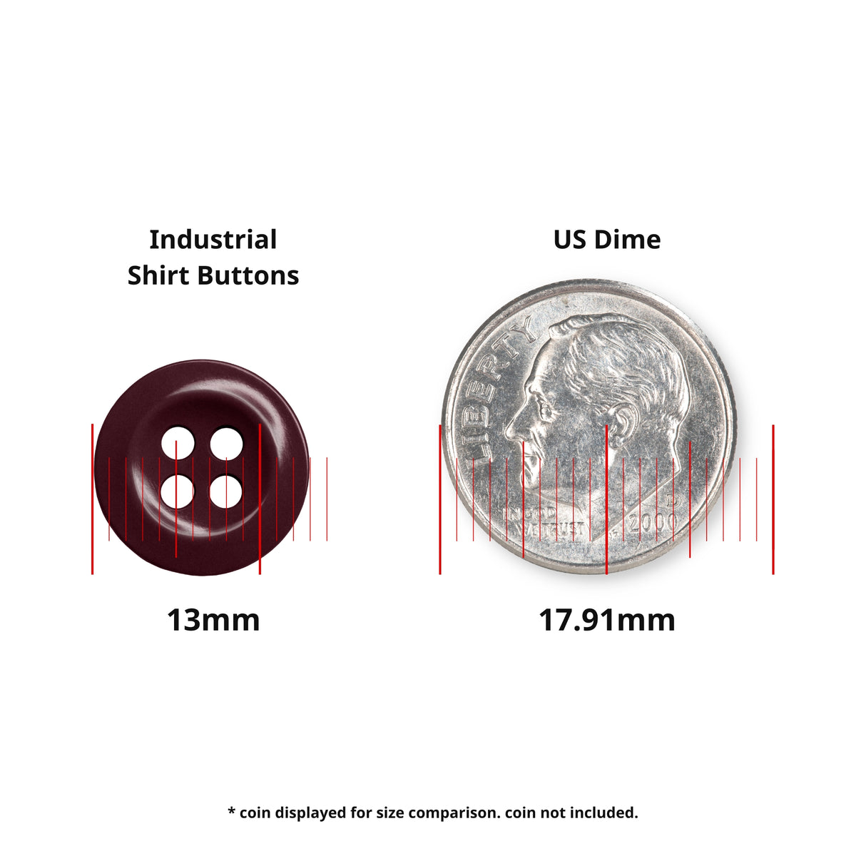 A Work Shirt Button (13mm) shown next to a 17.91mm US dime for size comparison.