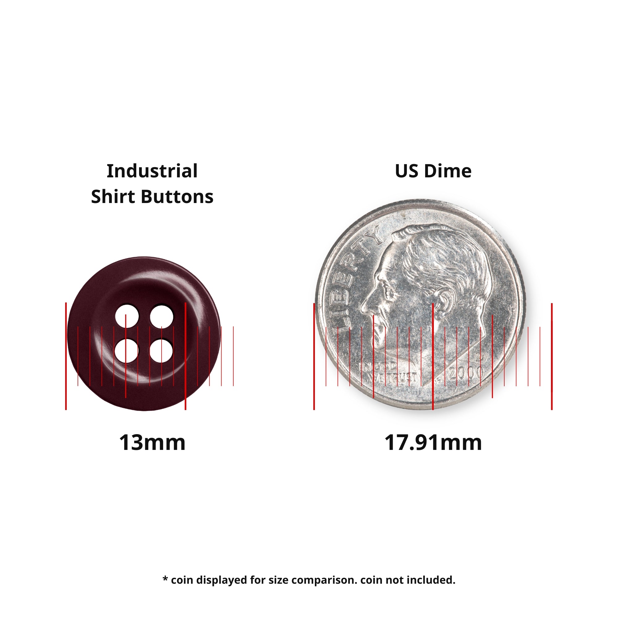 A 13mm replacement button from the Work Shirt Buttons 22 Pack is shown next to a 17.91mm US dime for size comparison (coin not included). Ideal for industrial work shirts and made for durability.