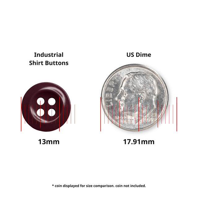 A Work Shirt Button (13mm) shown next to a 17.91mm US dime for size comparison.