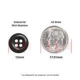 Work Shirt Buttons (13mm), perfect for replacing work shirt buttons, are shown next to a US dime (17.91mm) for size reference, with labeled measurements.