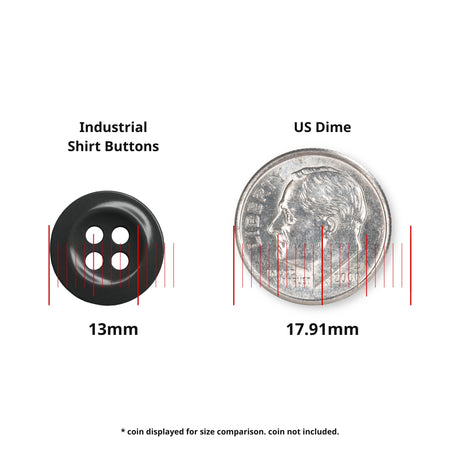 Work Shirt Buttons (13mm), perfect for replacing work shirt buttons, are shown next to a US dime (17.91mm) for size reference, with labeled measurements.