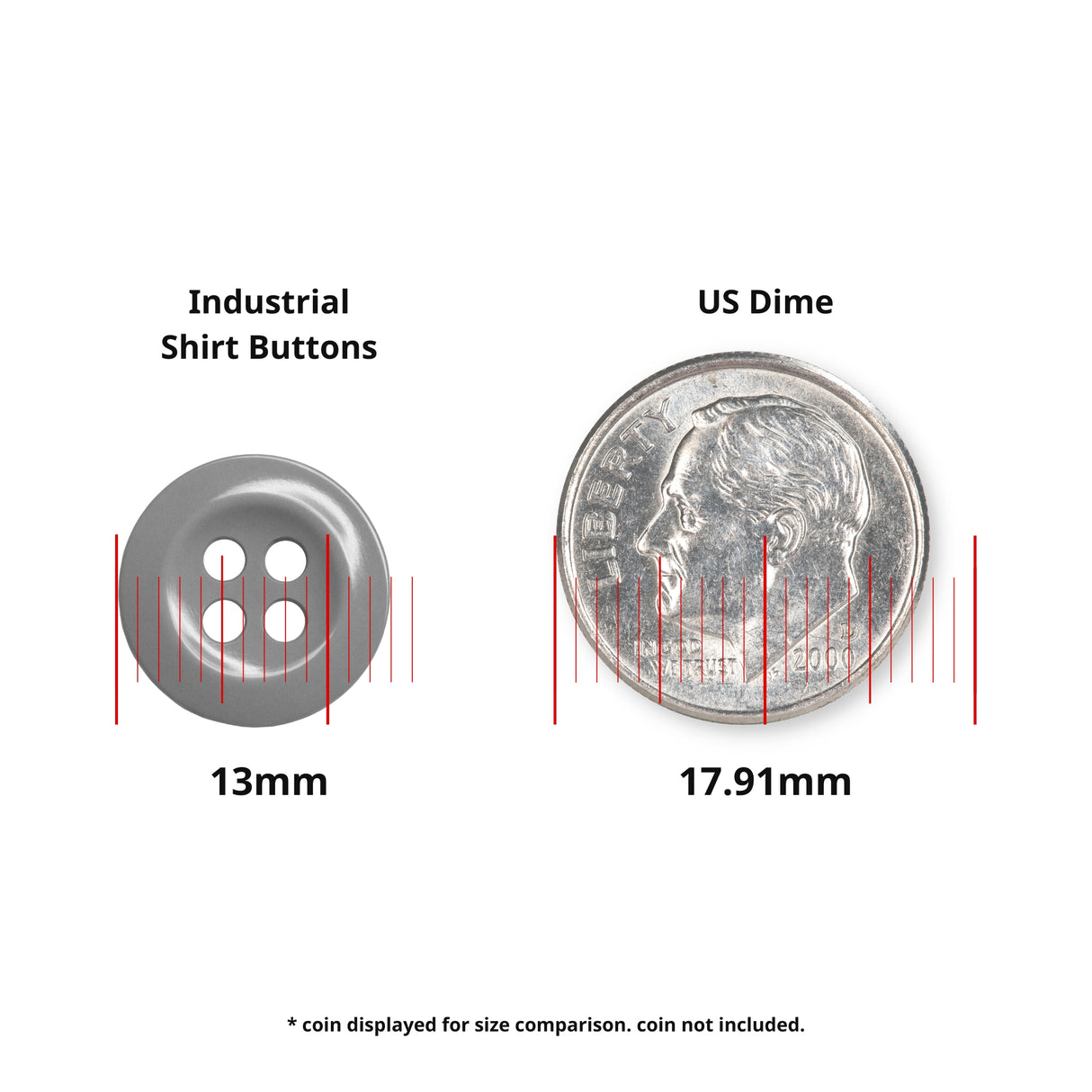 Work Shirt Buttons (13mm) shown beside a US dime (17.91mm) for size comparison. Ideal replacement buttons for industrial work shirts. Coin not included.