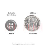 Work Shirt Buttons (13mm) shown beside a US dime (17.91mm) for size comparison. Ideal replacement buttons for industrial work shirts. Coin not included.