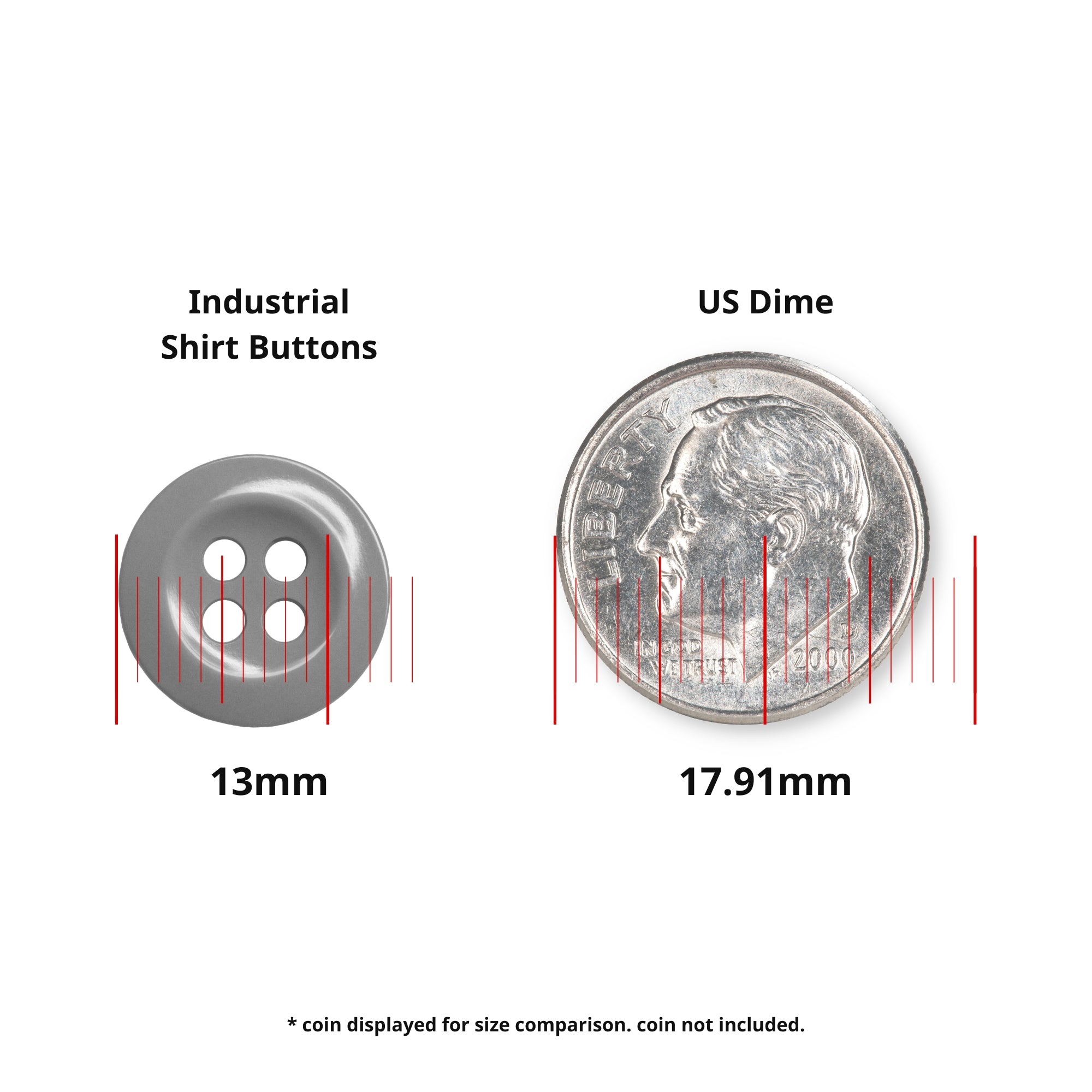 Work Shirt Buttons 22 Pack (13mm) shown beside a US dime (17.91mm) for size reference; sturdy replacement buttons—dime not included.