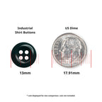 A 13mm black button from the Work Shirt Buttons 22 Pack, designed for durability on industrial work shirts, is displayed beside a 17.91mm US dime for size reference.