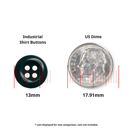 Work Shirt Buttons (13mm) shown beside a US dime (17.91mm) for size reference, with red measurement lines—perfect replacements for work shirts.