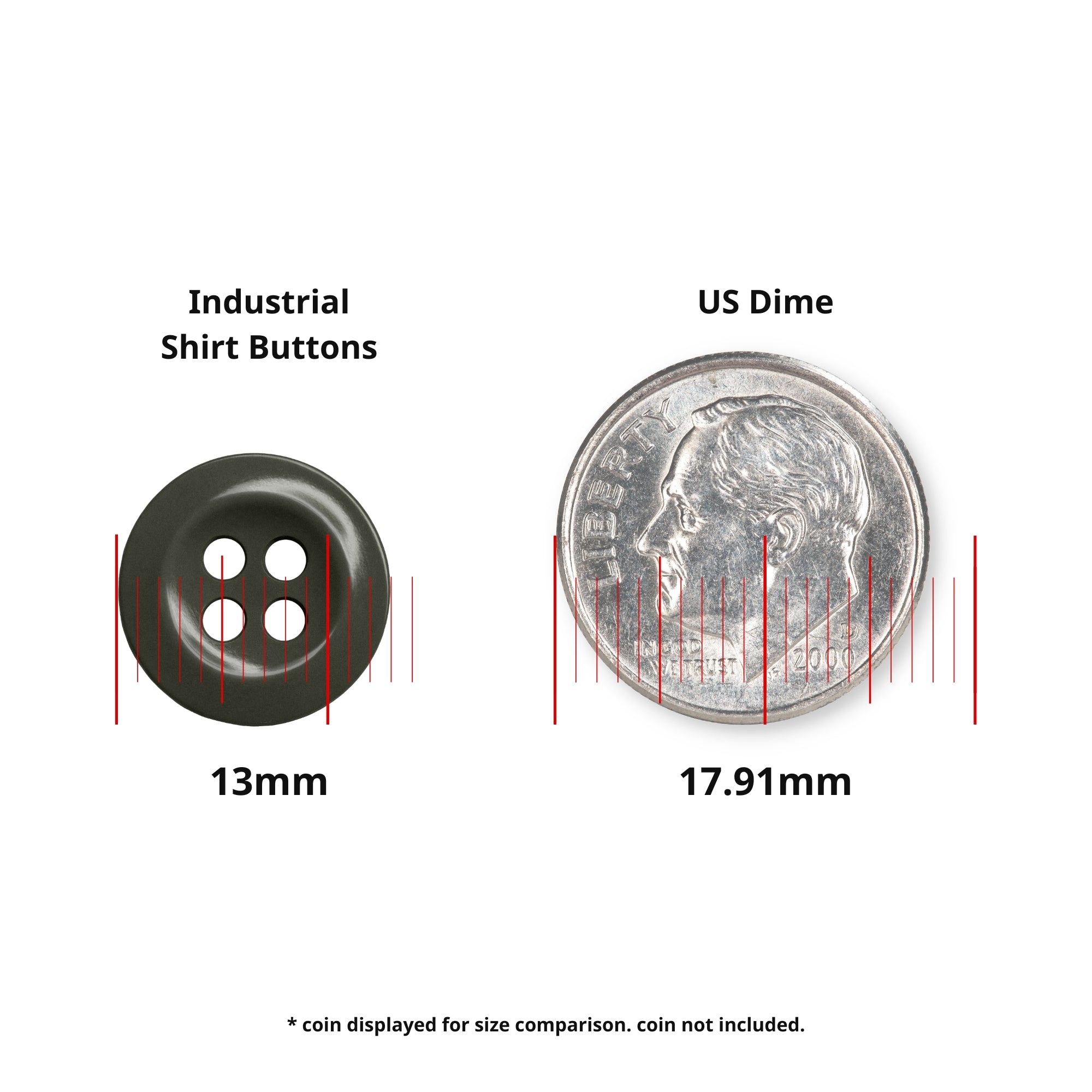 Work Shirt Buttons 22 Pack—durable black 13mm buttons, shown next to a US dime (17.91mm) for size reference. Perfect replacement for military spec or industrial work shirt buttons.