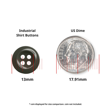 Work Shirt Buttons (13mm) shown beside a US dime (17.91mm) for size reference; perfect for replacing work shirt buttons. Dime not included.