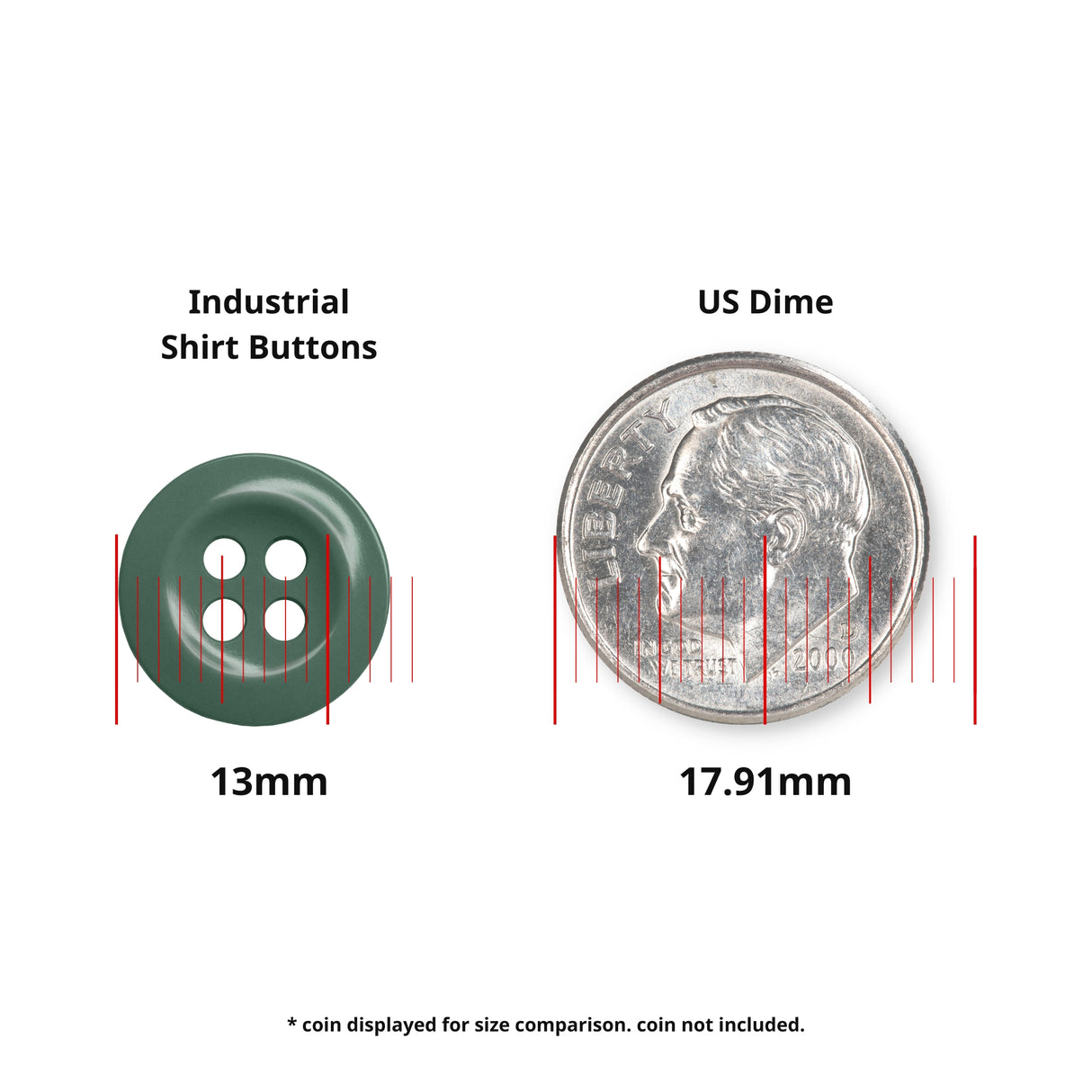 Green 13mm Work Shirt Button shown beside a US dime (17.91mm) for size comparison; coin not included.