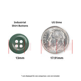 Green 13mm Work Shirt Button shown beside a US dime (17.91mm) for size comparison; coin not included.