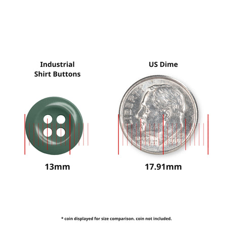 Green 13mm Work Shirt Button shown beside a US dime (17.91mm) for size comparison; coin not included.