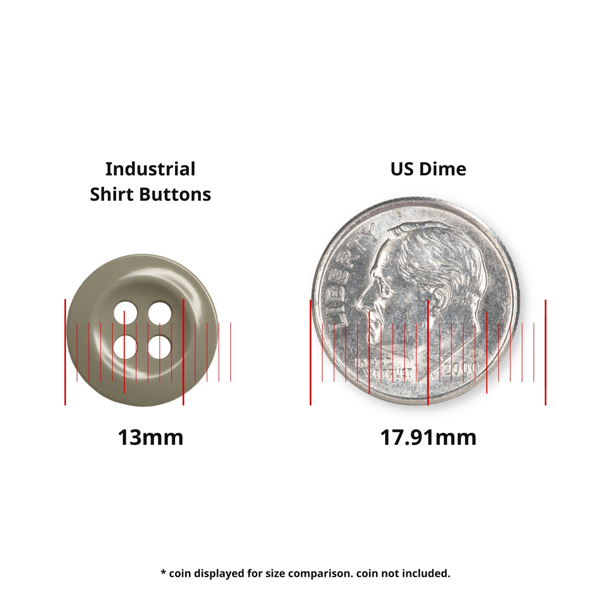 Work Shirt Buttons (13mm) shown beside a US dime (17.91mm) for size reference; perfect as replacement buttons for work shirts. Dime not included.