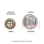 Work Shirt Buttons 22 Pack (13mm), durable replacements for industrial shirts, shown next to a US dime (17.91mm) for size comparison.