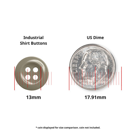 Work Shirt Buttons (13mm) shown beside a US dime (17.91mm) for size reference; perfect as replacement buttons for work shirts. Dime not included.
