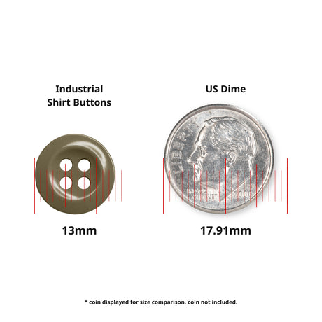 A Work Shirt Button (13mm) next to a 17.91mm US dime for size comparison.