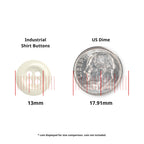 The Work Shirt Buttons 22 Pack includes durable 13mm replacement buttons for shirts, compared here in size with a 17.91mm US dime using vertical markers.