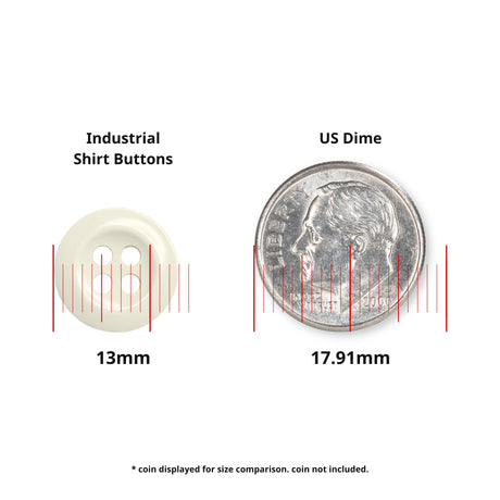A 13mm Work Shirt Button is shown next to a 17.91mm US dime for size comparison.